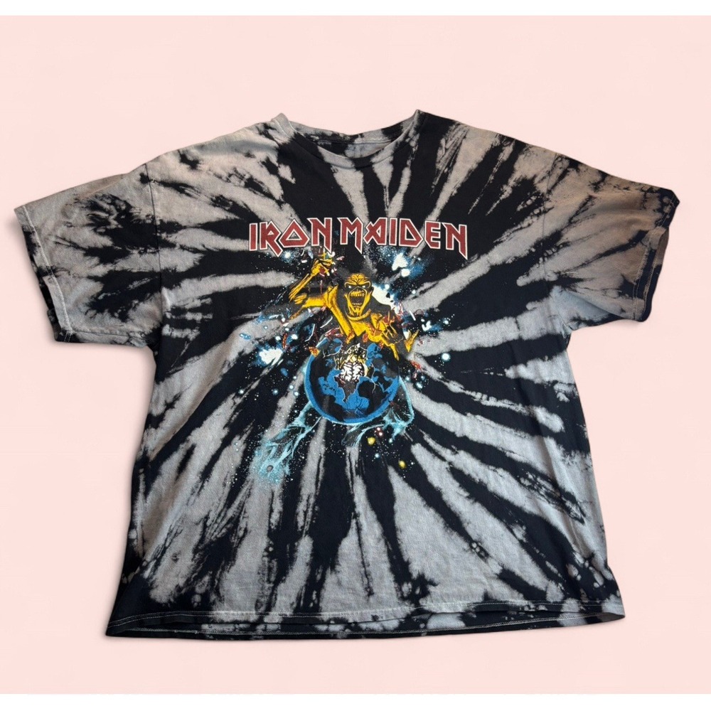 Iron Maiden Men's Black White Graphic Tie Dye Tee T Shirt Sz L Multicolor Goth‎